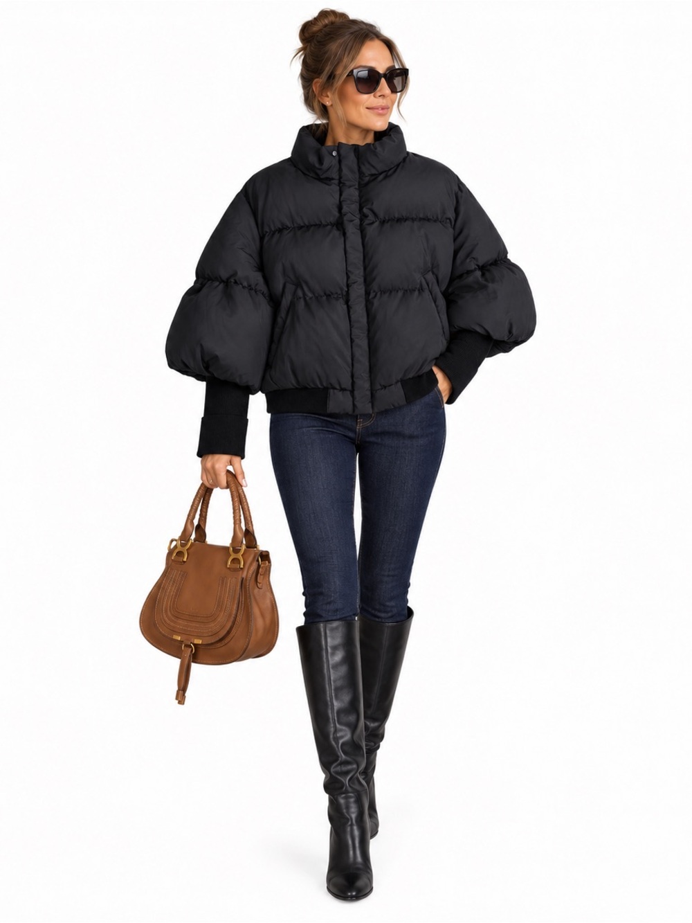 BCBGMAXAZRIA Black Puff Sleeve Cropped Puffer Jacket Size L